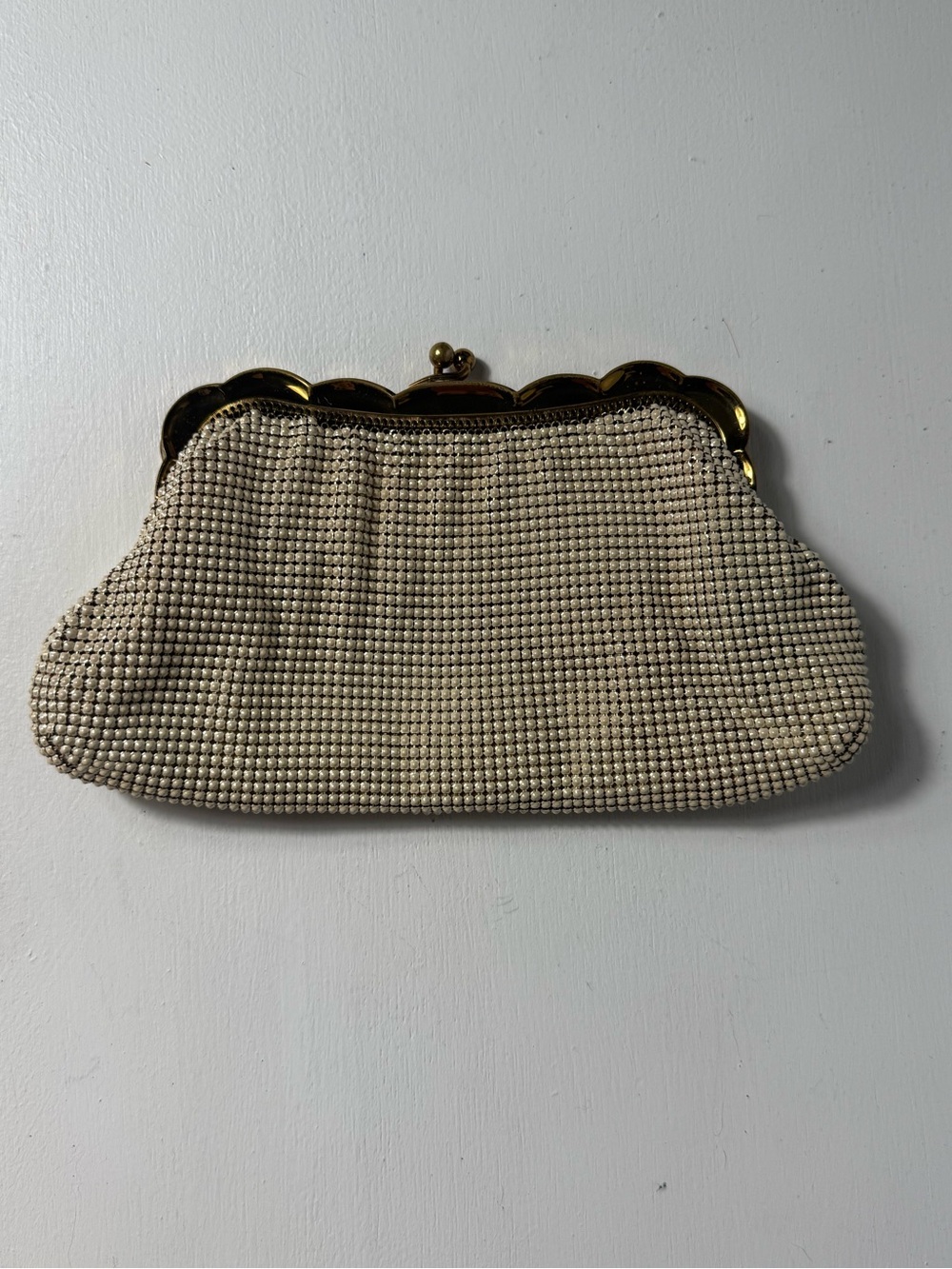 Whiting & Davis Cream Beaded Clutch with Gold Frame